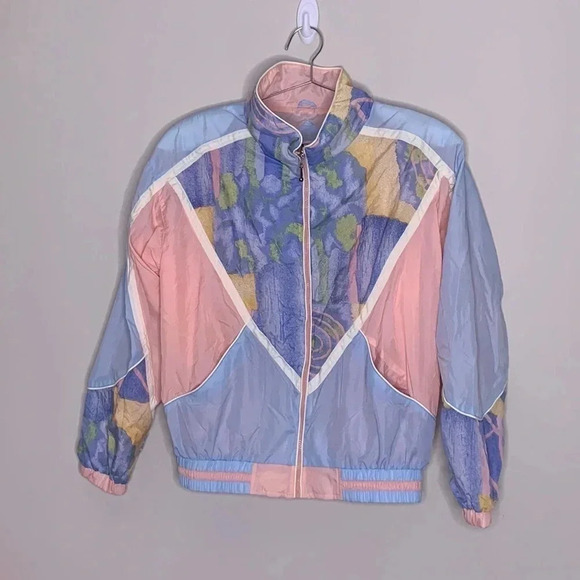 Vintage Retro Pastel Pink Blue East West Zip Up Windbreaker Jacket Size Medium - Picture 1 of 6